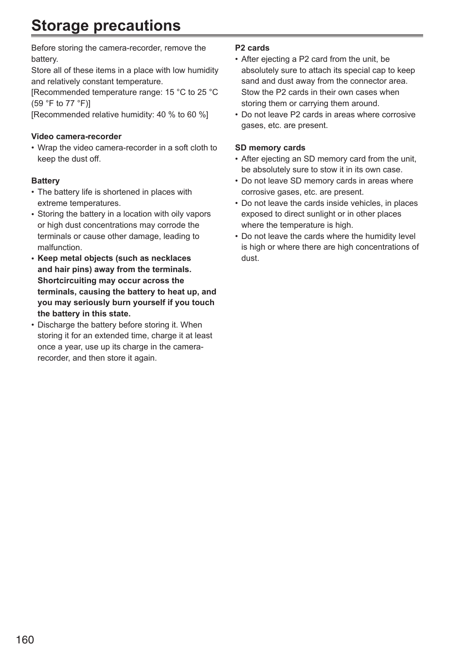 Storage precautions | Panasonic AG-HPX250EN User Manual | Page 160 / 170