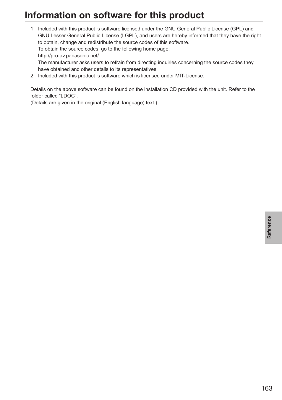 Information on software for this product | Panasonic AG-HPX250EN User Manual | Page 163 / 170