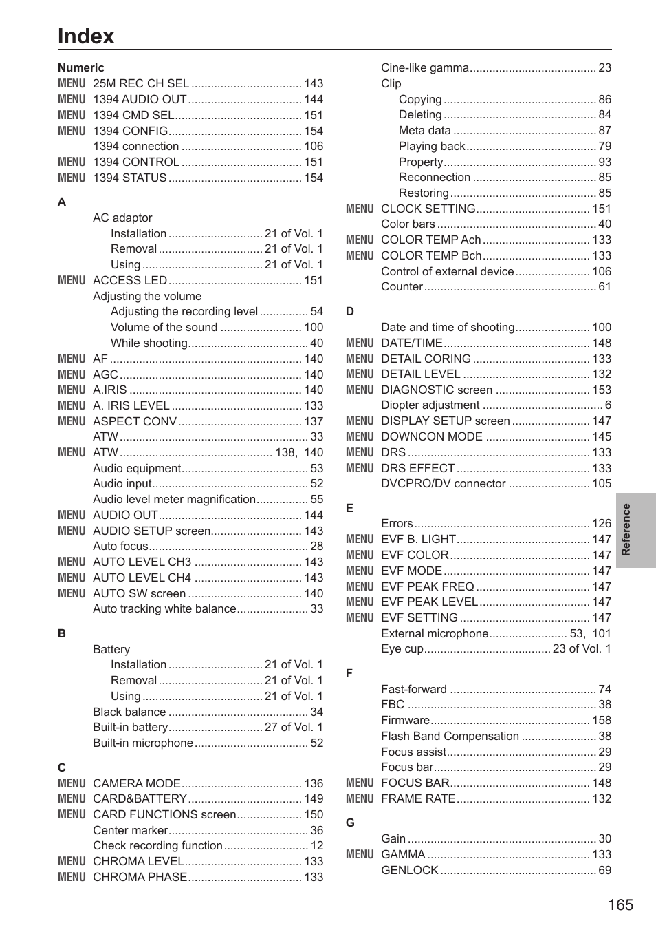 Index | Panasonic AG-HPX250EN User Manual | Page 165 / 170