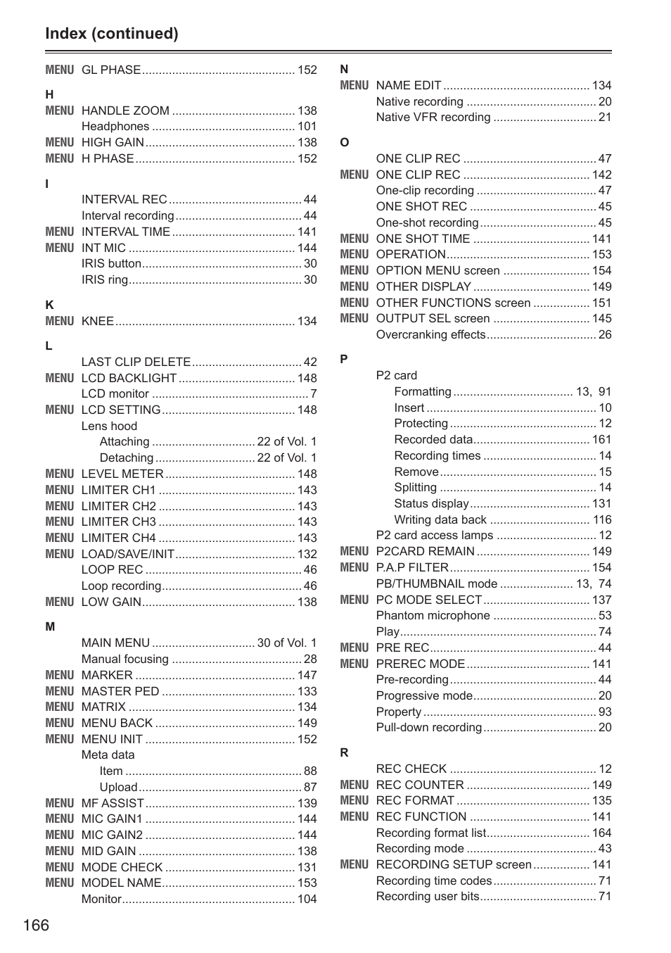 166 index (continued) | Panasonic AG-HPX250EN User Manual | Page 166 / 170