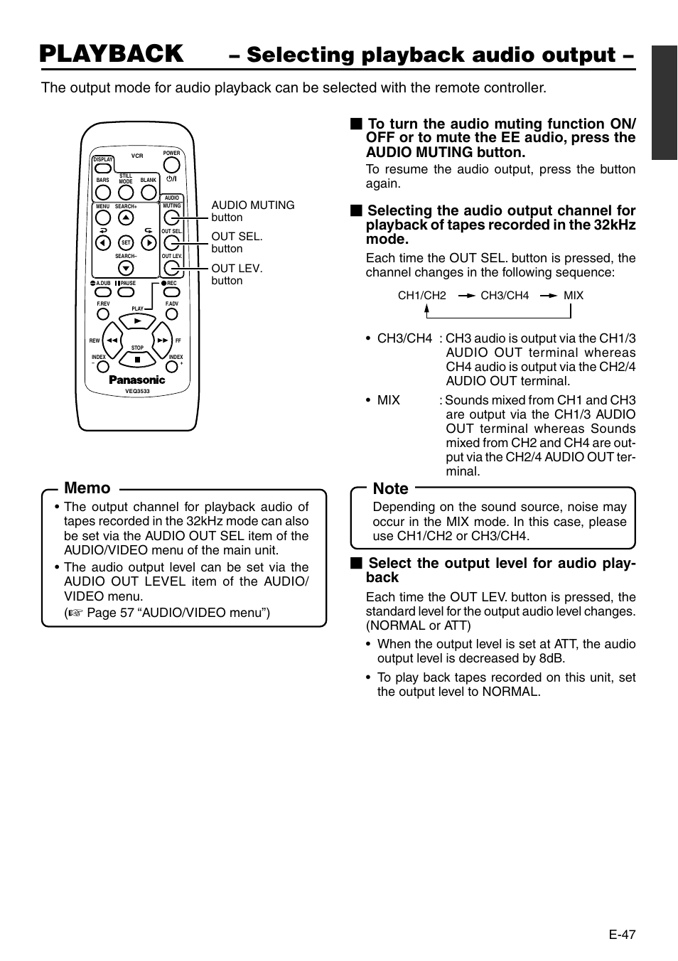 Playback, Selecting playback audio output, Select the output level for audio play- back | E-47, Page 57 “audio/video menu”) | Panasonic VQT0C55 User Manual | Page 47 / 68