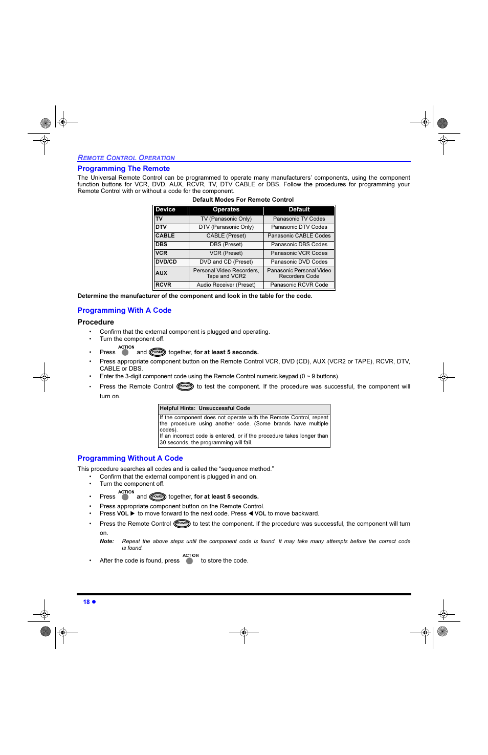 Programming the remote, Programming without a code, 3urjudpplqj 7kh 5hprwh | 3urjudpplqj :lwk $ &rgh 3urfhgxuh, 3urjudpplqj :lwkrxw $ &rgh | Panasonic CinemaVision PT 61HX42 User Manual | Page 20 / 108