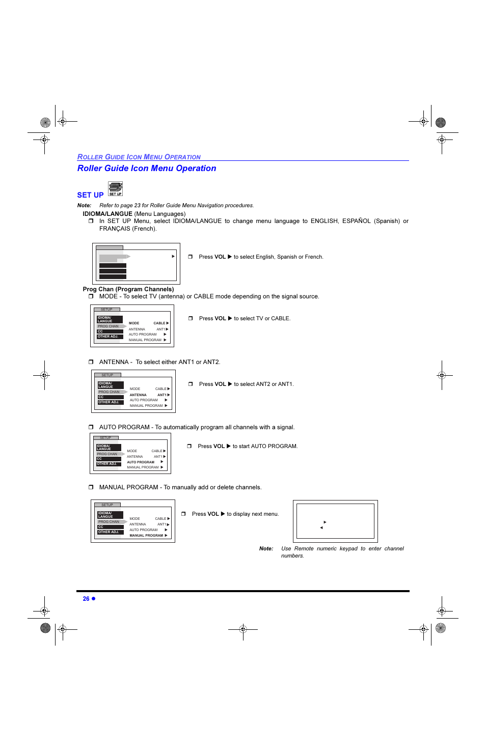 Rollerguide icon menu operation, Set up, 5roohu *xlgh ,frq 0hqx 2shudwlrq | R 3uhvv 92/ u wr vhohfw (qjolvk 6sdqlvk ru )uhqfk | Panasonic CinemaVision PT 61HX42 User Manual | Page 28 / 108
