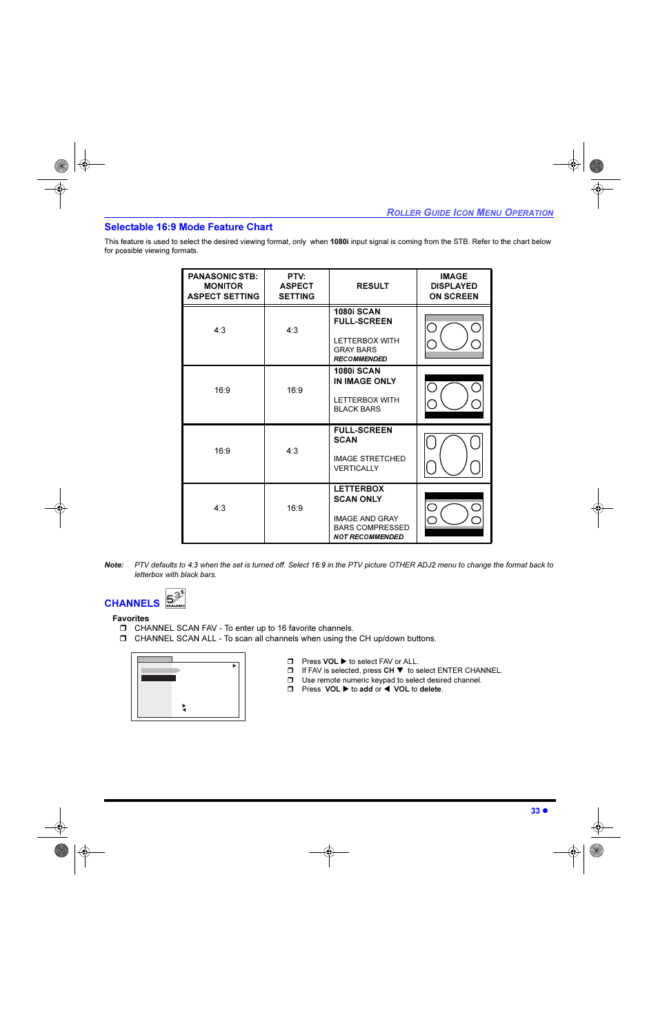 Selectable 16:9 mode feature chart, Channels, 6hohfwdeoh  0rgh )hdwxuh &kduw | Panasonic CinemaVision PT 61HX42 User Manual | Page 35 / 108