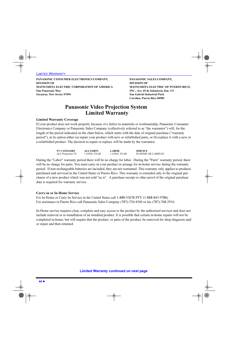 Limited warranty, 3dqdvrqlf 9lghr 3urmhfwlrq 6\vwhp /lplwhg :duudqw | Panasonic CinemaVision PT 61HX42 User Manual | Page 46 / 108