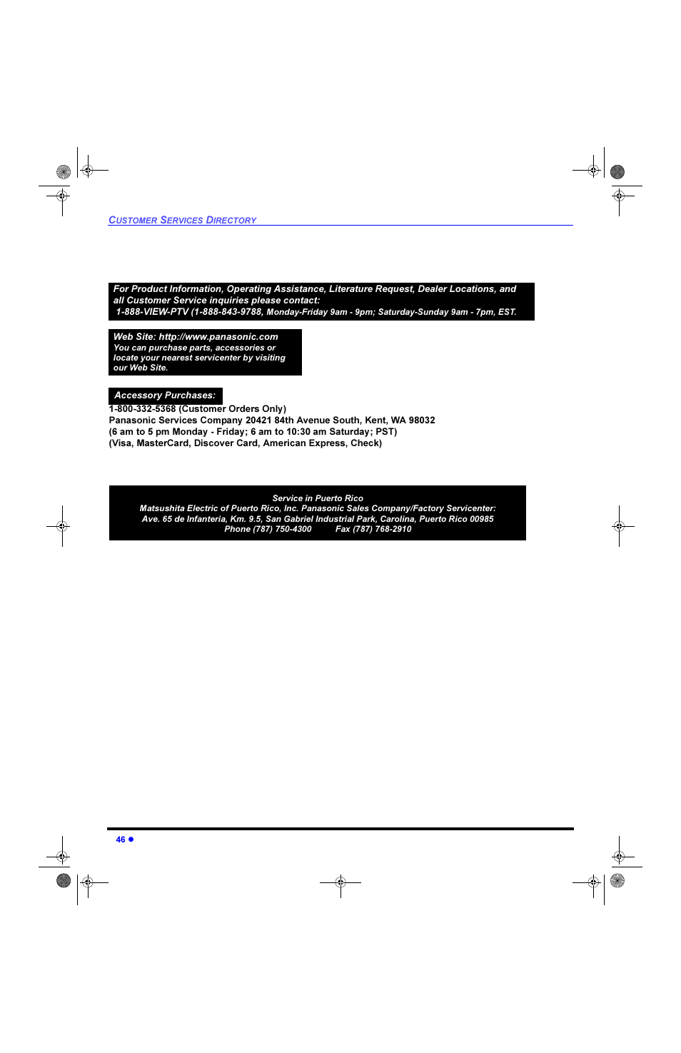Customer services directory | Panasonic CinemaVision PT 61HX42 User Manual | Page 48 / 108