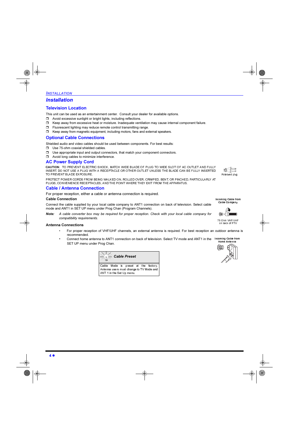 Installation, Television location, Optional cable connections | Ac power supply cord, Cable / antenna connection, Qvwdoodwlrq, 7hohylvlrq /rfdwlrq, 2swlrqdo &deoh &rqqhfwlrqv, 3rzhu 6xsso\ &rug, Deoh  $qwhqqd &rqqhfwlrq | Panasonic CinemaVision PT 61HX42 User Manual | Page 6 / 108