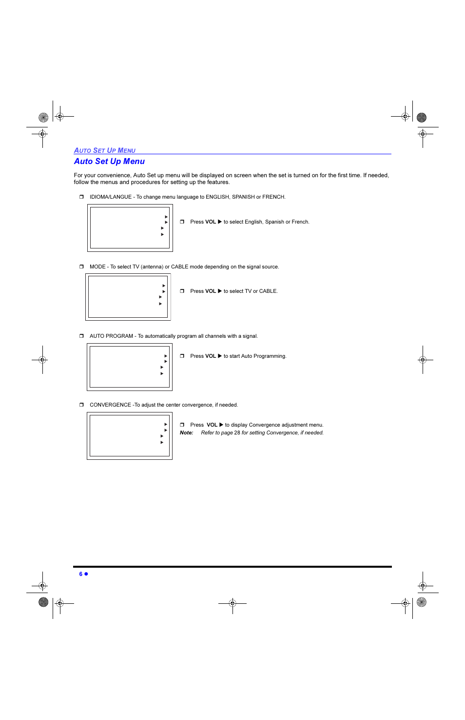 Auto set up menu, Xwr 6hw 8s 0hqx, R 3uhvv 92/ u wr vwduw $xwr 3urjudpplqj | Panasonic CinemaVision PT 61HX42 User Manual | Page 8 / 108