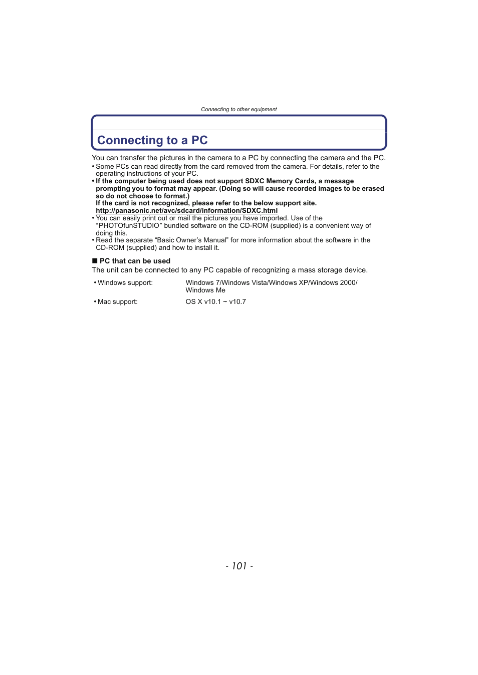 Connecting to a pc | Panasonic DMC-SZ02 User Manual | Page 101 / 128