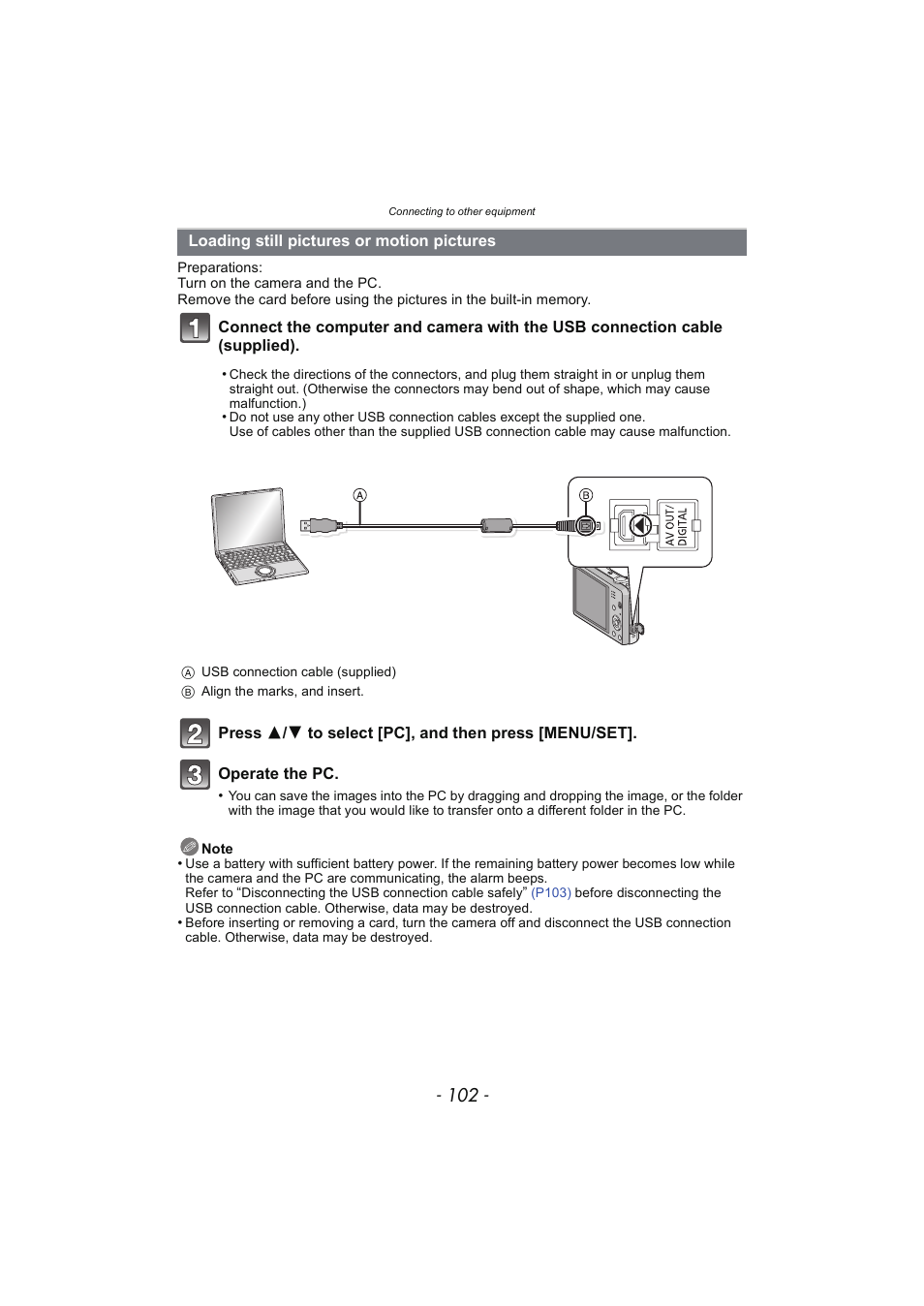 Loading still pictures or motion pictures, Loading still pictures or, Motion pictures | P102), Loading still pictures or motion, Pictures | Panasonic DMC-SZ02 User Manual | Page 102 / 128