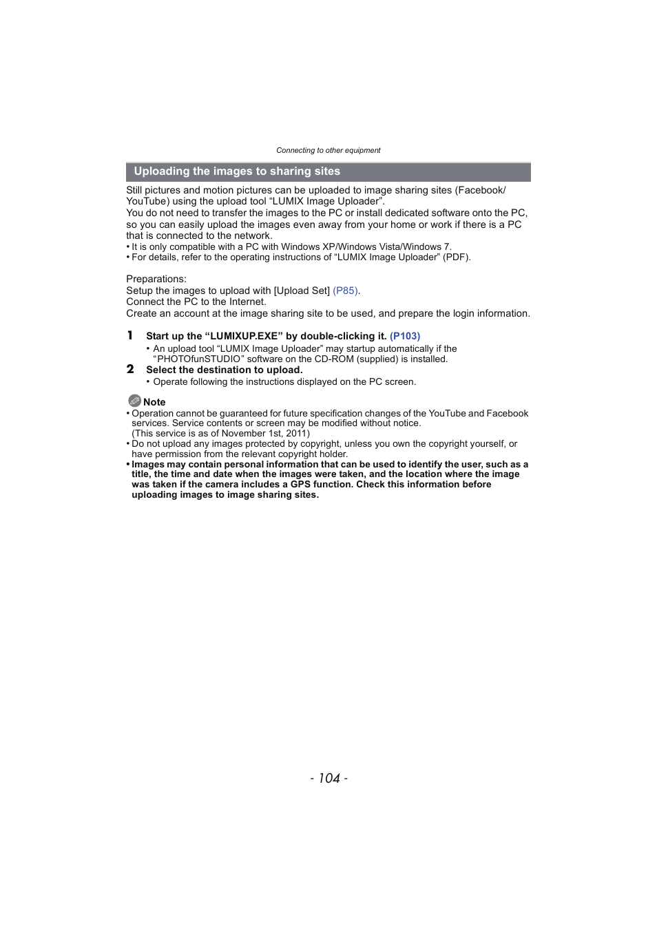 Uploading the images to sharing sites, Uploading the images to sharing, Sites | P104 | Panasonic DMC-SZ02 User Manual | Page 104 / 128