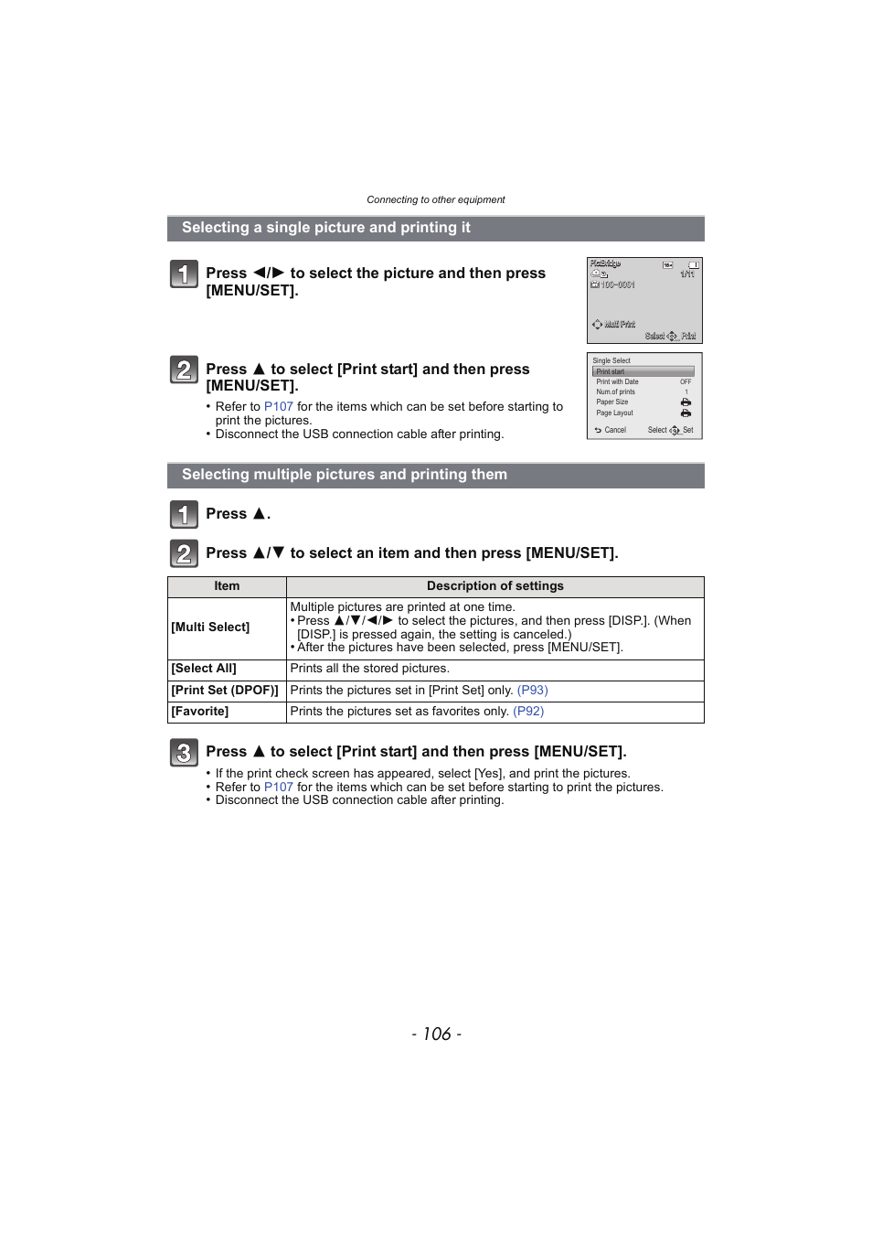 Selecting a single picture and printing it, Selecting multiple pictures and printing them, Selecting a single picture and | Printing it, Selecting multiple pictures and, Printing them | Panasonic DMC-SZ02 User Manual | Page 106 / 128