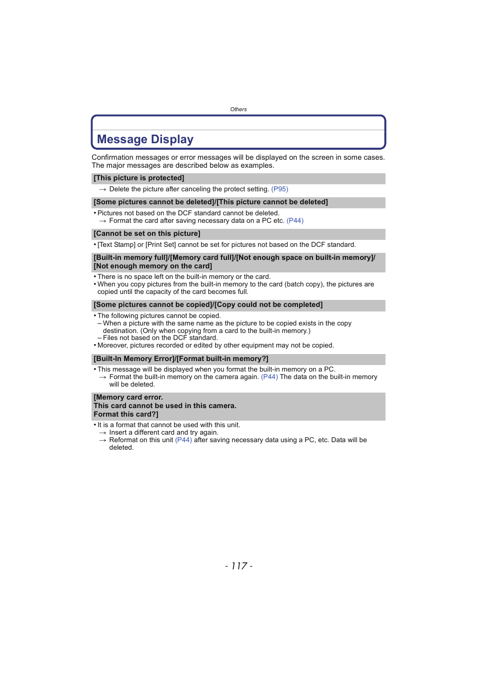 Message display | Panasonic DMC-SZ02 User Manual | Page 117 / 128