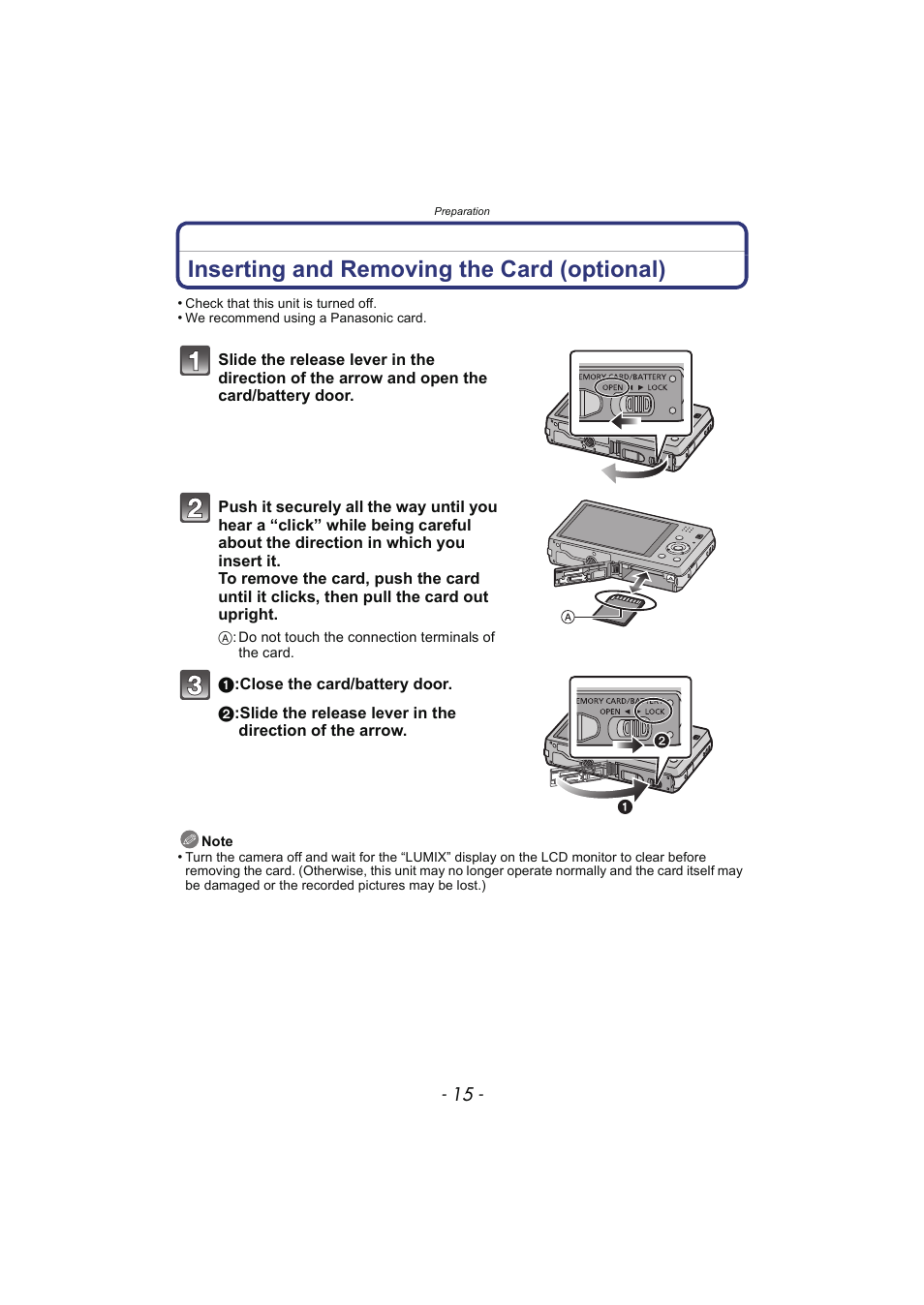Inserting and removing the card (optional) | Panasonic DMC-SZ02 User Manual | Page 15 / 128