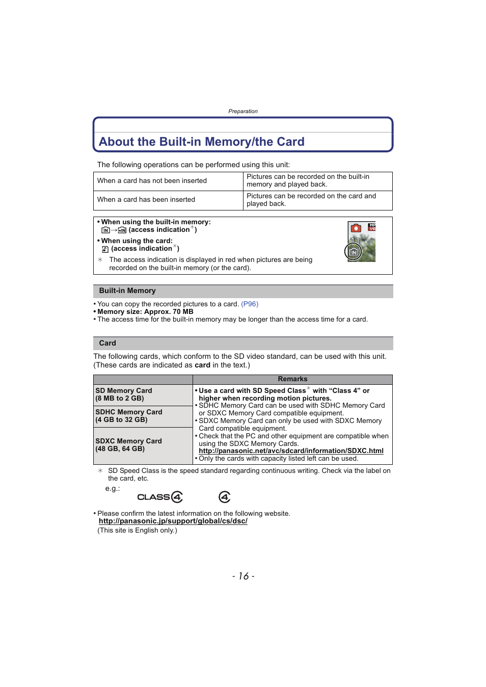 About the built-in memory/the card | Panasonic DMC-SZ02 User Manual | Page 16 / 128