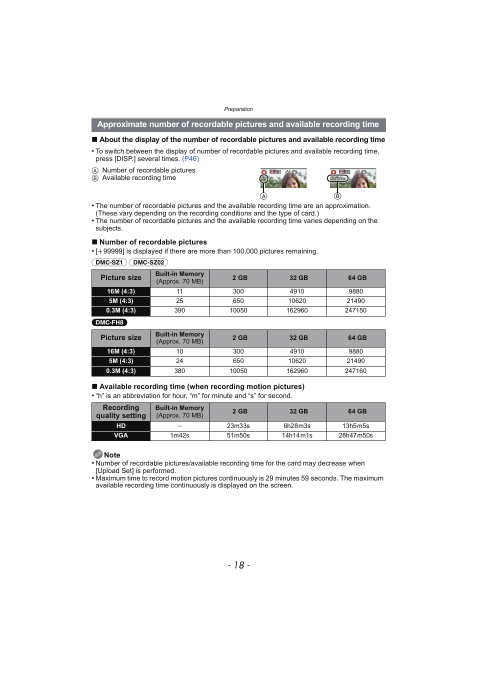 Approximate number of recordable, Pictures and available recording, Time | Panasonic DMC-SZ02 User Manual | Page 18 / 128