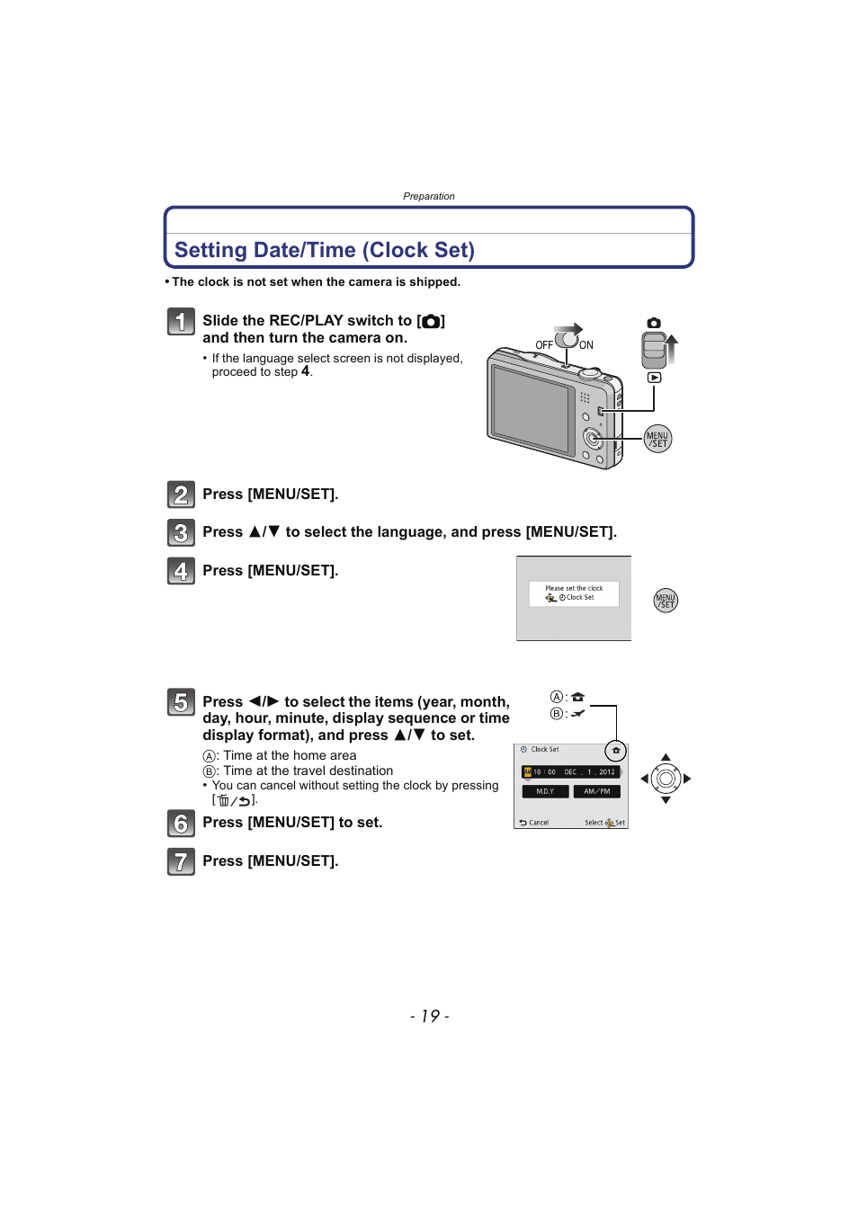 Setting date/time (clock set), P19) | Panasonic DMC-SZ02 User Manual | Page 19 / 128