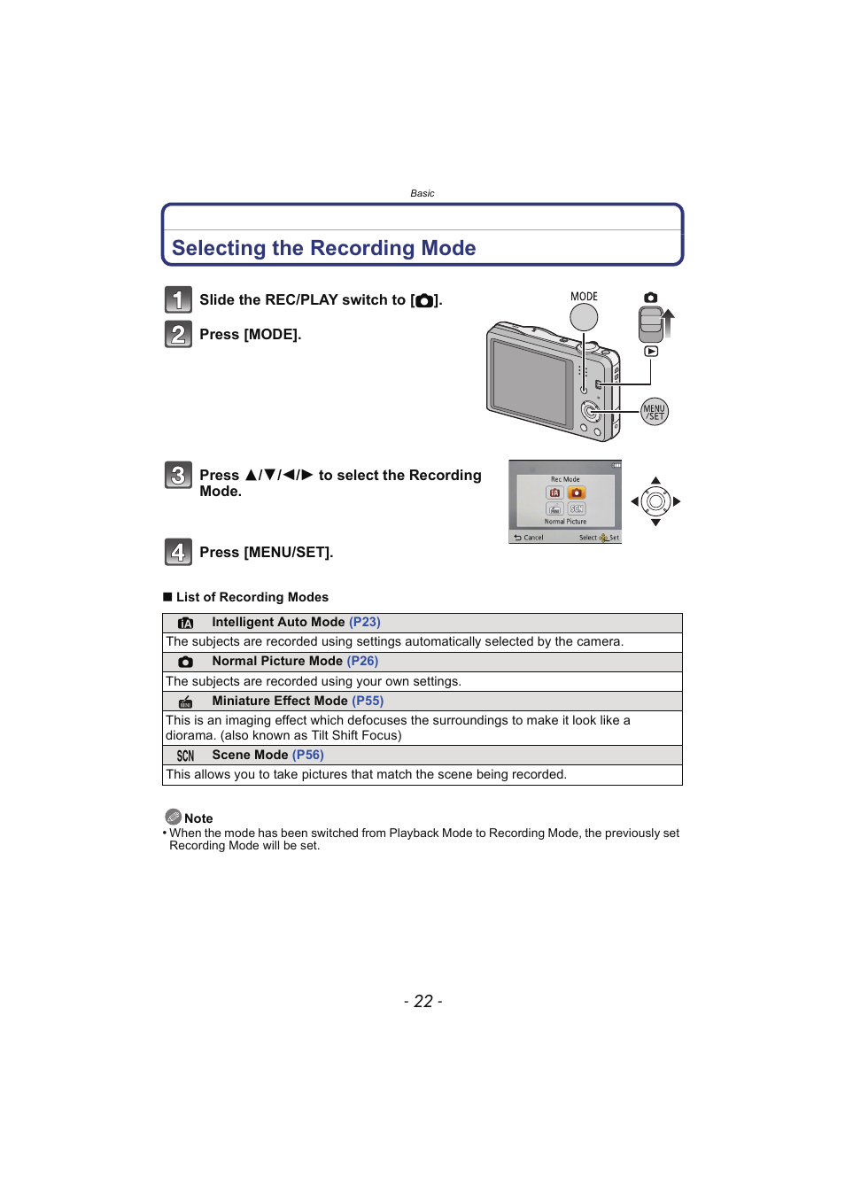 Basic, Selecting the recording mode | Panasonic DMC-SZ02 User Manual | Page 22 / 128
