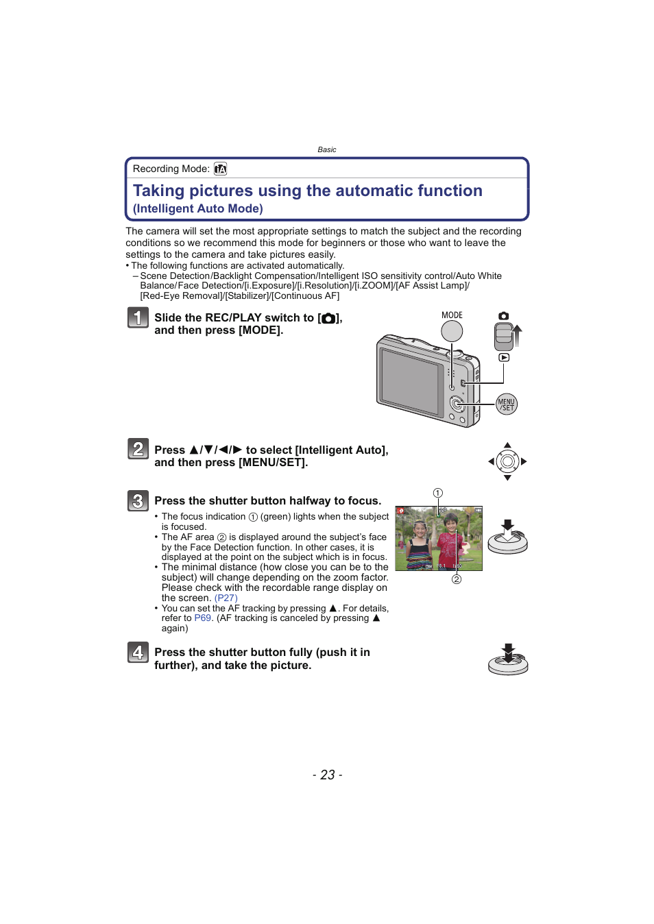 P23), Taking pictures using the automatic function | Panasonic DMC-SZ02 User Manual | Page 23 / 128