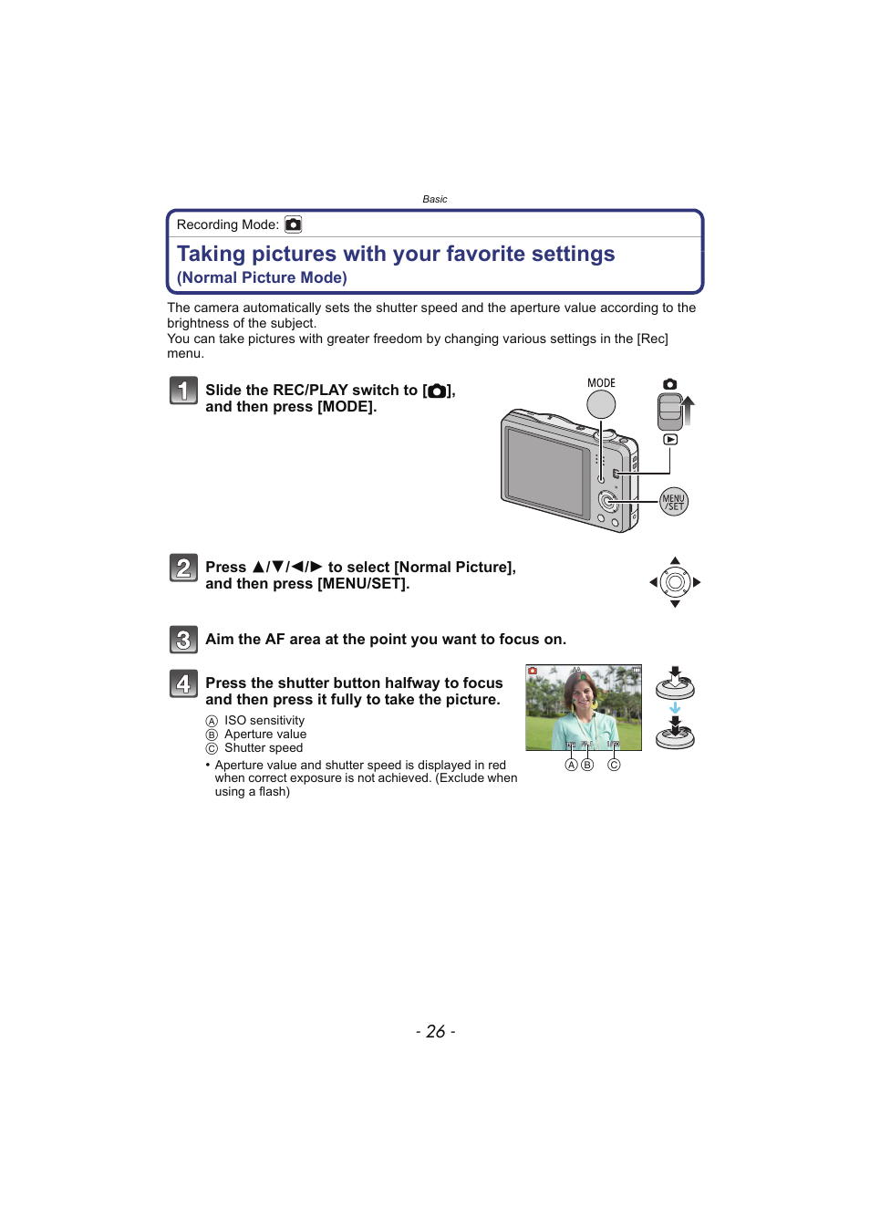 P26), Taking pictures with your favorite settings | Panasonic DMC-SZ02 User Manual | Page 26 / 128
