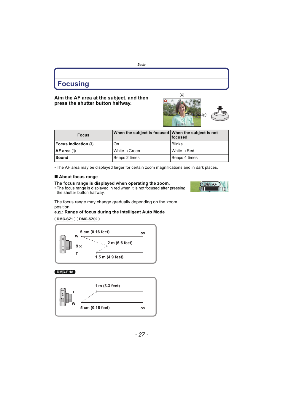 Focusing | Panasonic DMC-SZ02 User Manual | Page 27 / 128