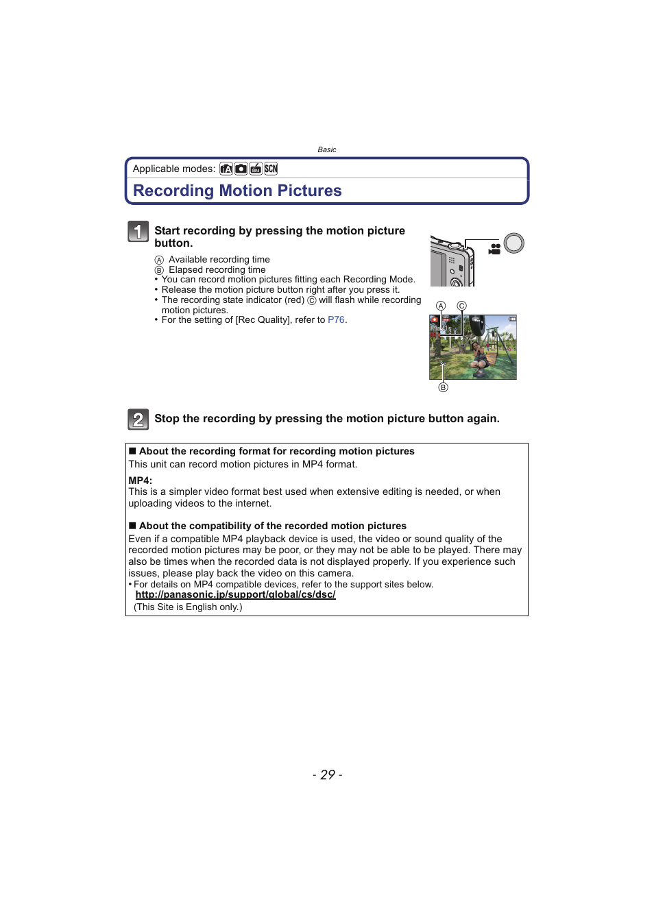 Recording motion pictures, P29) | Panasonic DMC-SZ02 User Manual | Page 29 / 128