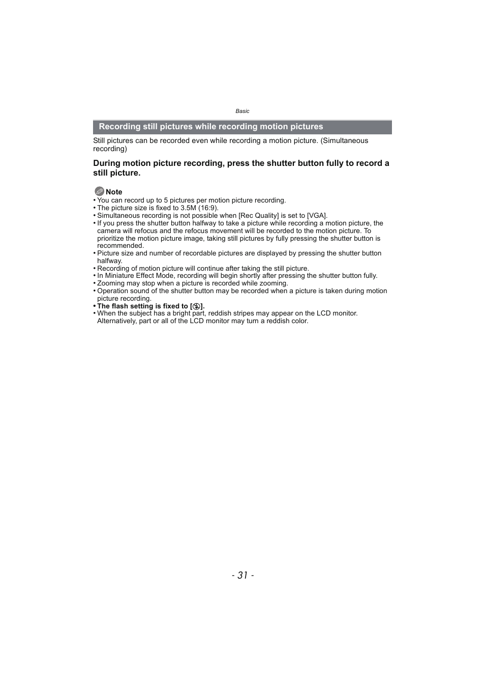 Recording still pictures while, Recording motion pictures | Panasonic DMC-SZ02 User Manual | Page 31 / 128
