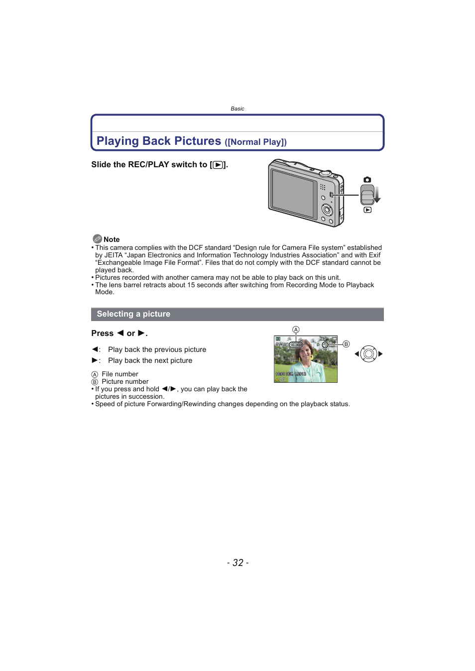 Playing back pictures ([normal play]), Selecting a picture, Playing back pictures | Panasonic DMC-SZ02 User Manual | Page 32 / 128