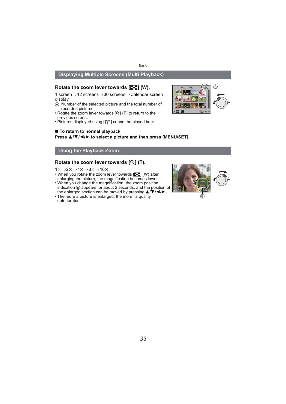Displaying multiple screens (multi playback), Using the playback zoom, Displaying multiple screens | Multi playback) | Panasonic DMC-SZ02 User Manual | Page 33 / 128