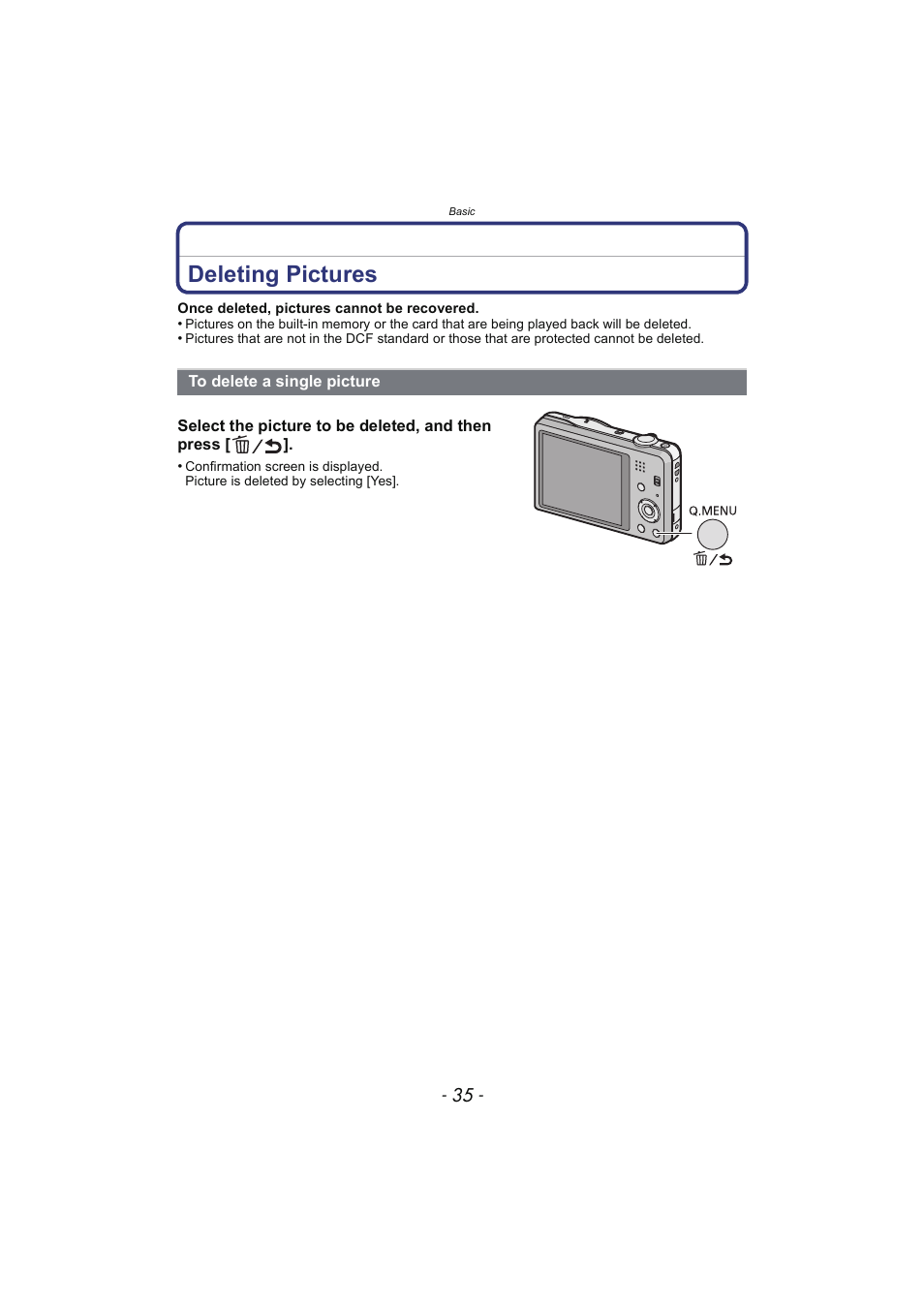 Deleting pictures, To delete a single picture, P35) | Panasonic DMC-SZ02 User Manual | Page 35 / 128