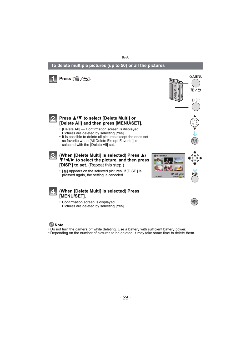 To delete multiple pictures (up to 50), Or all the pictures | Panasonic DMC-SZ02 User Manual | Page 36 / 128
