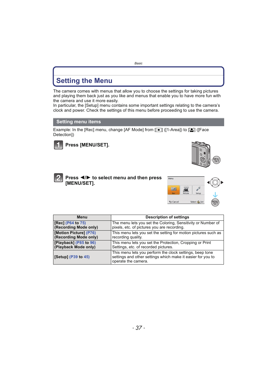 Setting the menu, Setting menu items, P37) | Panasonic DMC-SZ02 User Manual | Page 37 / 128