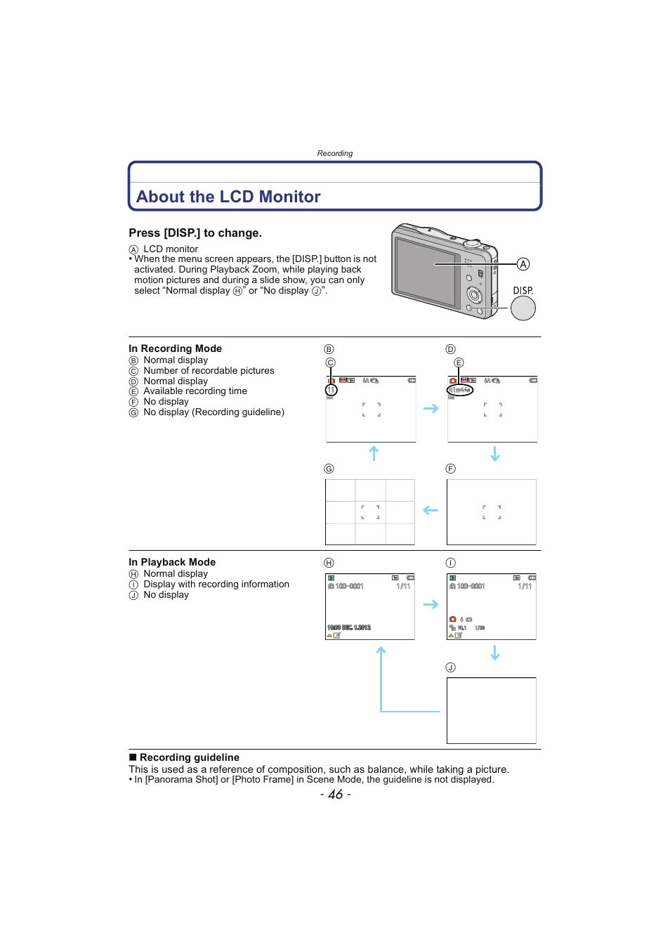 Recording, About the lcd monitor, P46) | Panasonic DMC-SZ02 User Manual | Page 46 / 128