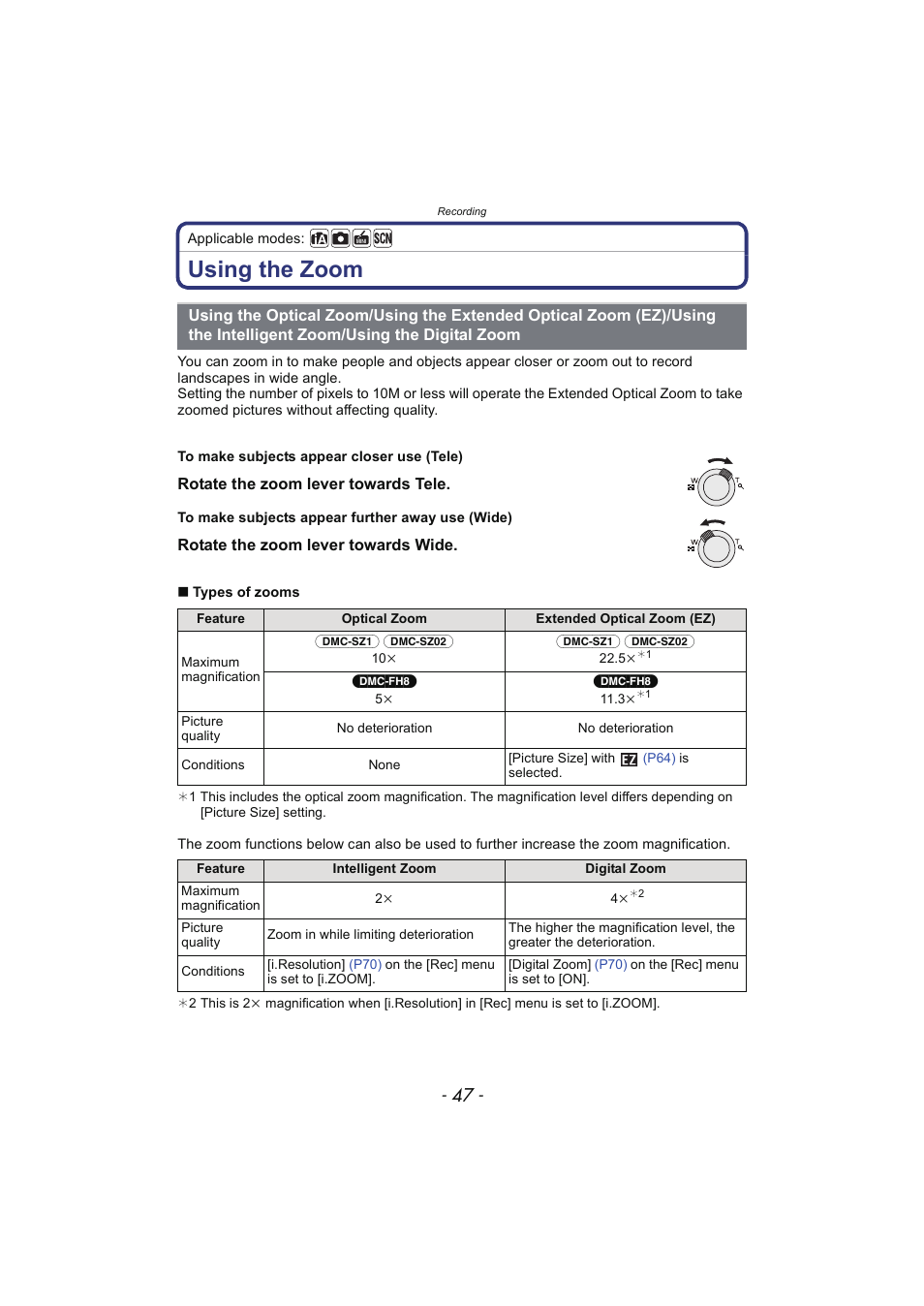 Using the zoom, Using the optical zoom, Using the extended optical zoom (ez) | Using the intelligent zoom, Using the digital zoom, P47), R to | Panasonic DMC-SZ02 User Manual | Page 47 / 128