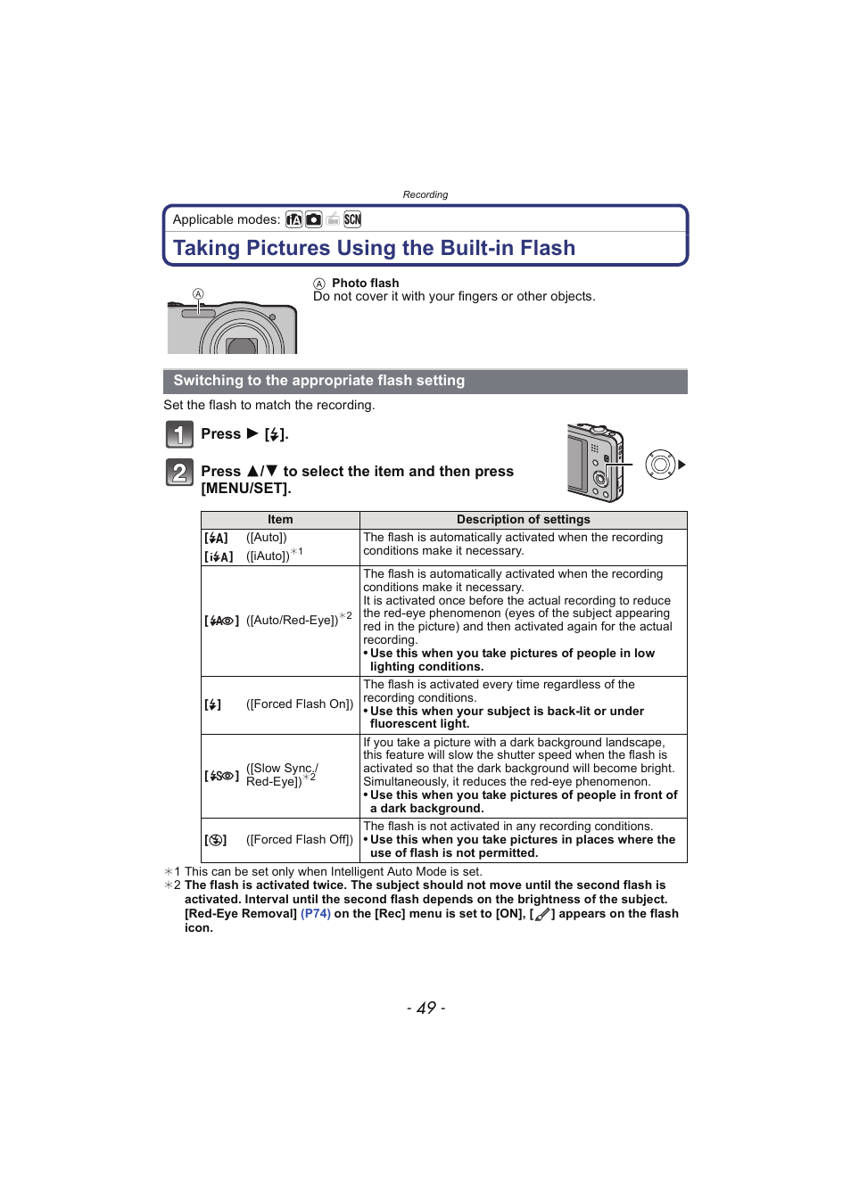 Taking pictures using the built-in flash, Switching to the appropriate flash setting, Switching to the appropriate flash | Setting, P49) | Panasonic DMC-SZ02 User Manual | Page 49 / 128