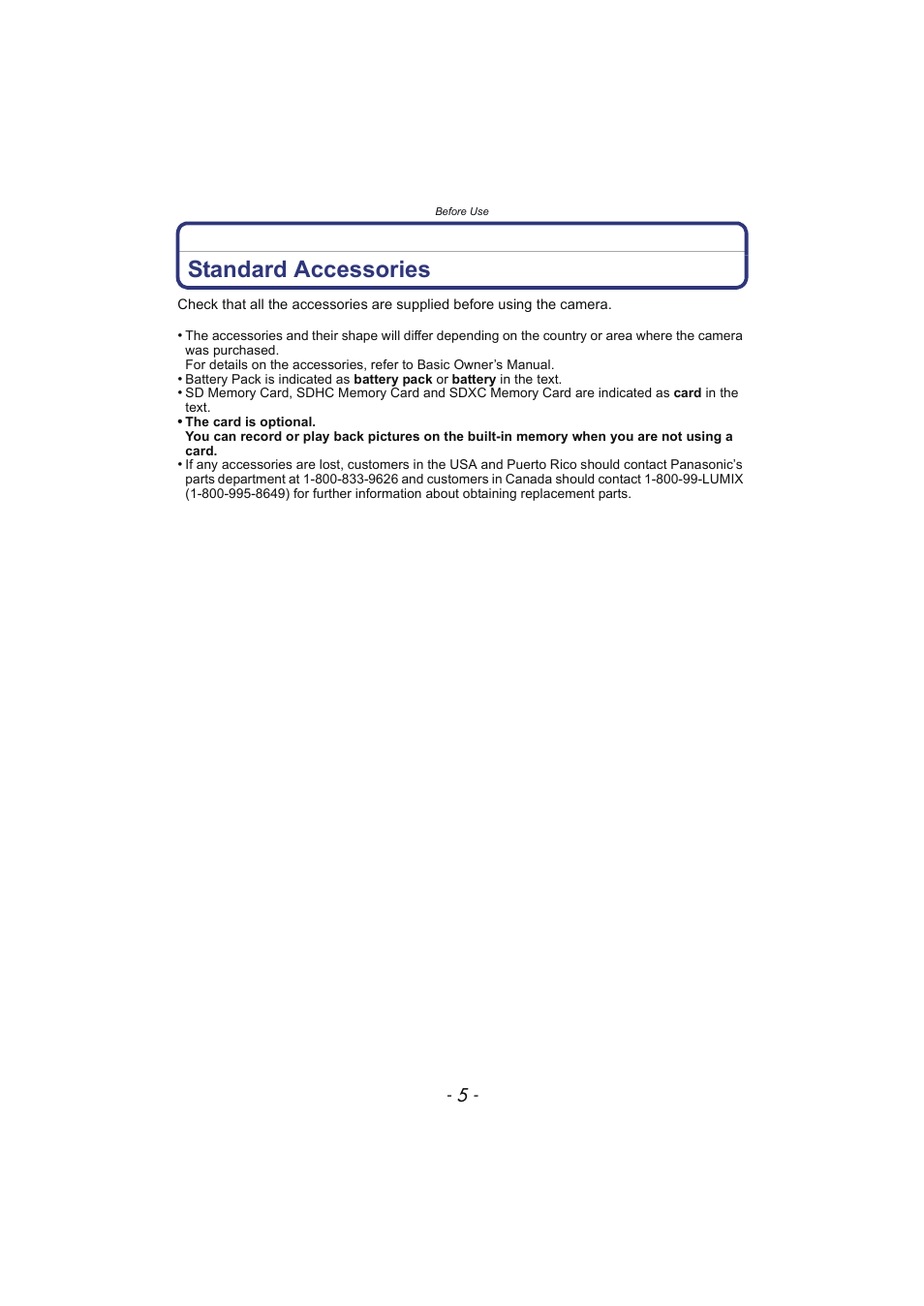 Standard accessories | Panasonic DMC-SZ02 User Manual | Page 5 / 128