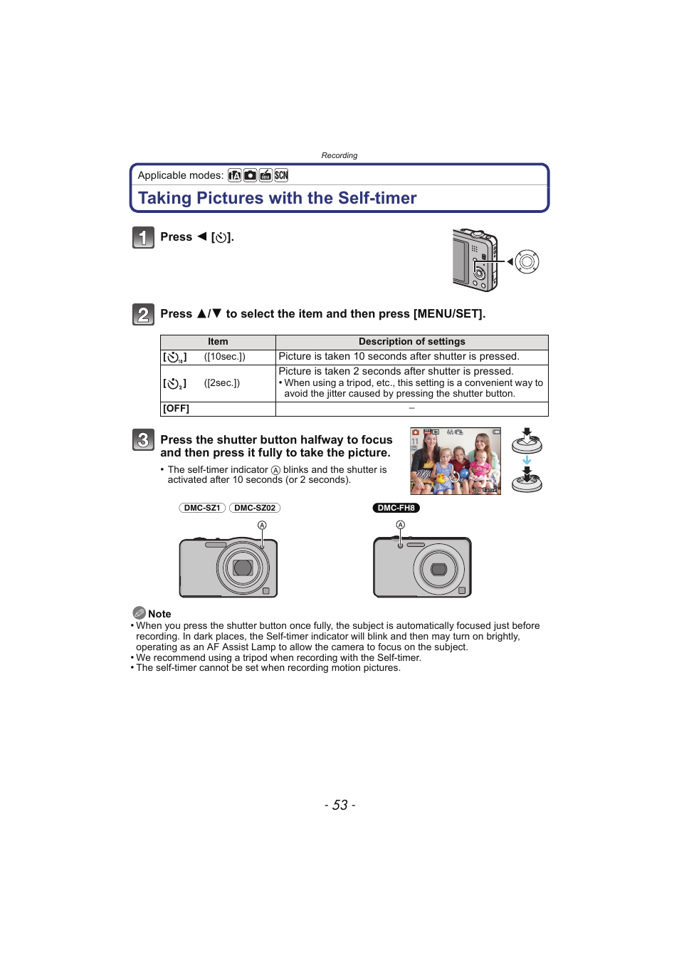 Taking pictures with the self-timer, P53), Imer | Panasonic DMC-SZ02 User Manual | Page 53 / 128