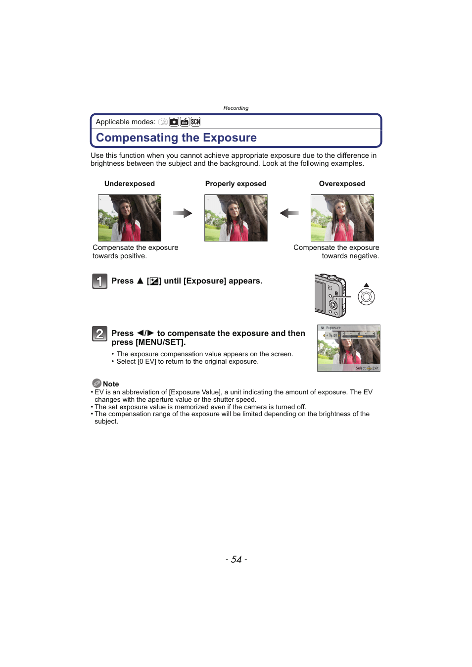 Compensating the exposure, P54) | Panasonic DMC-SZ02 User Manual | Page 54 / 128