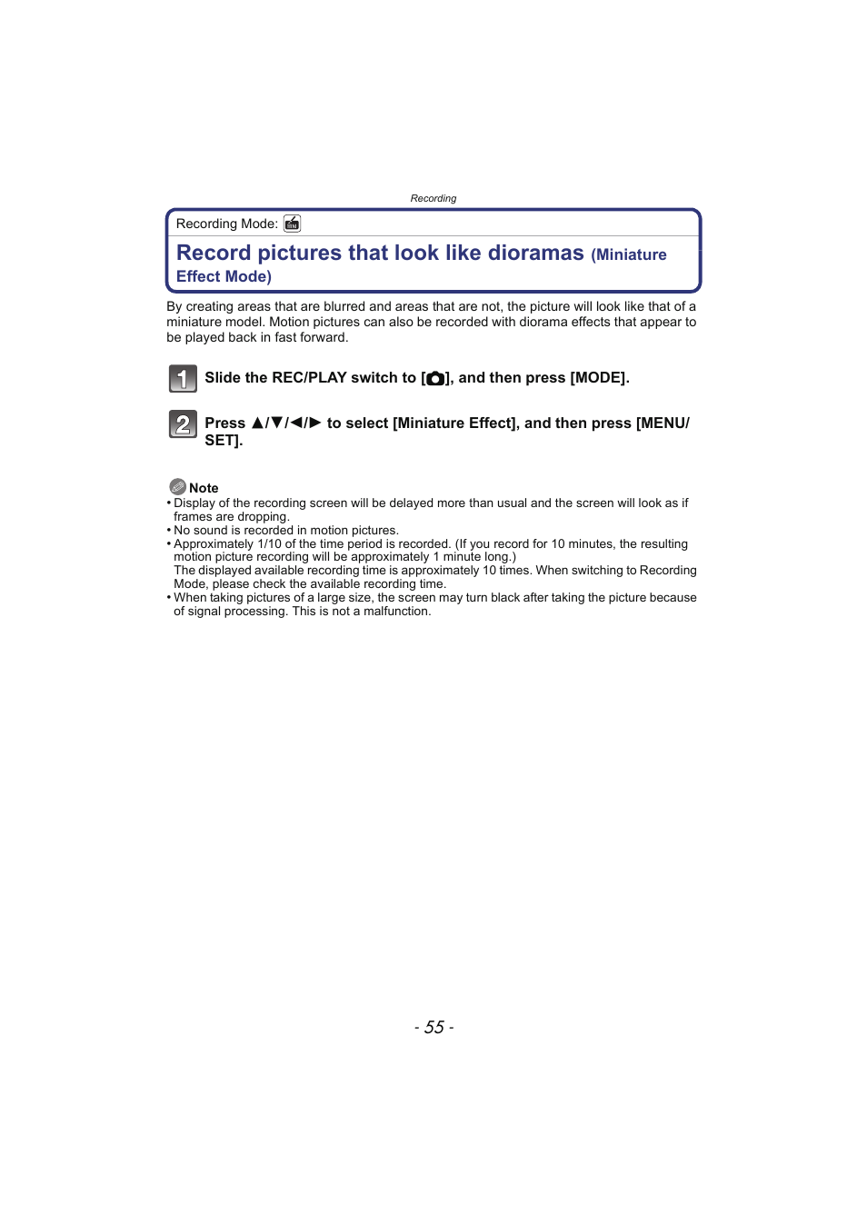 P55), Record pictures that look like dioramas | Panasonic DMC-SZ02 User Manual | Page 55 / 128