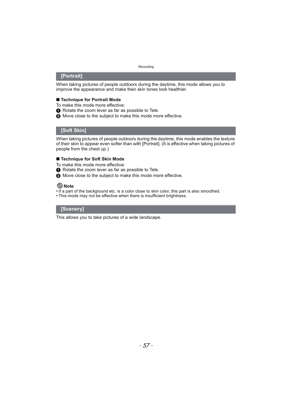 Portrait, Soft skin, Scenery | Panasonic DMC-SZ02 User Manual | Page 57 / 128