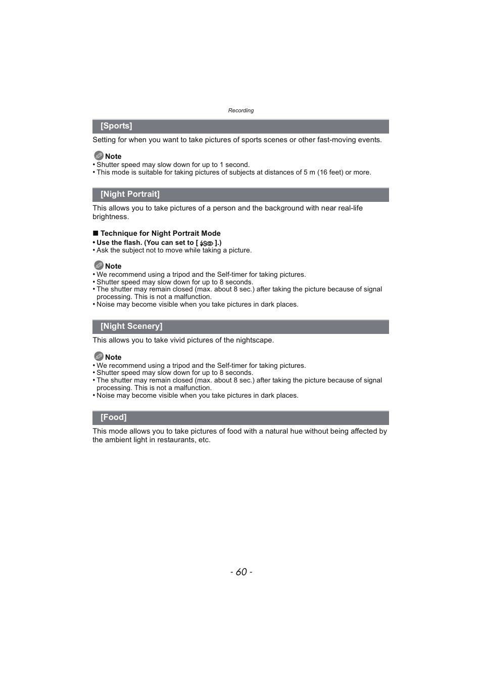 Sports, Night portrait, Night scenery | Food | Panasonic DMC-SZ02 User Manual | Page 60 / 128