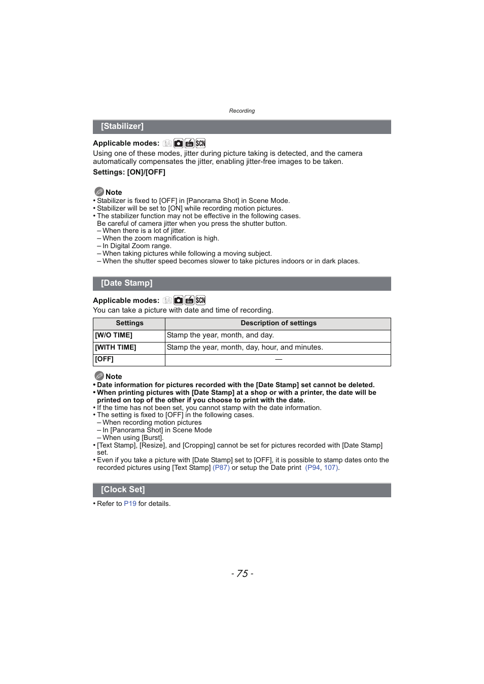 Stabilizer, Date stamp, Clock set | P75) | Panasonic DMC-SZ02 User Manual | Page 75 / 128