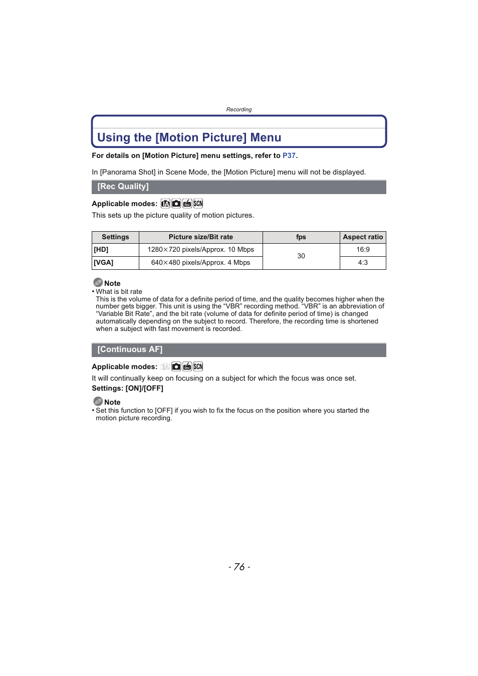 Using the [motion picture] menu, Rec quality, Continuous af | P76) | Panasonic DMC-SZ02 User Manual | Page 76 / 128