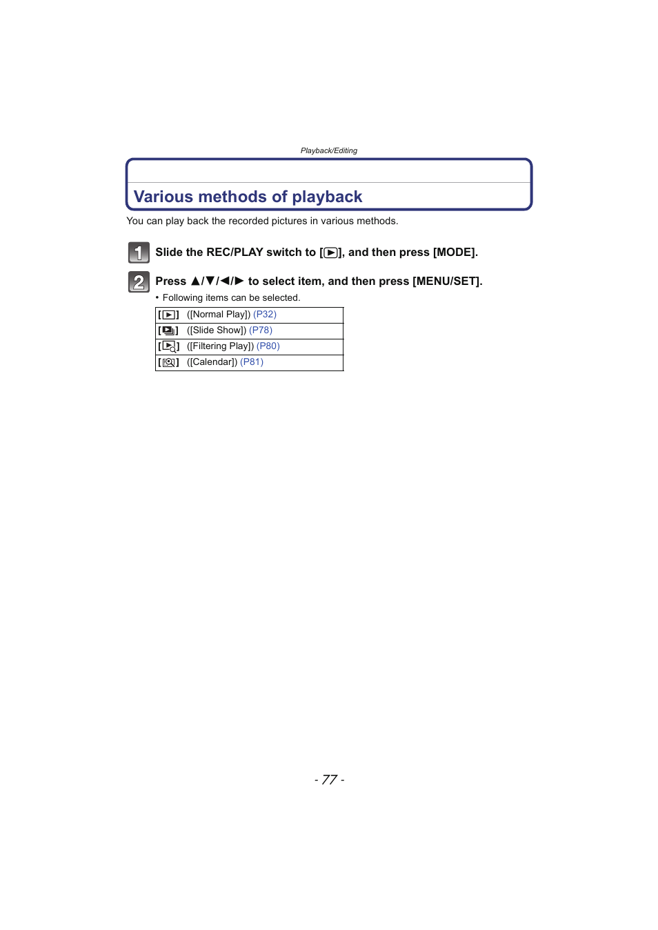 Playback/editing, Various methods of playback | Panasonic DMC-SZ02 User Manual | Page 77 / 128
