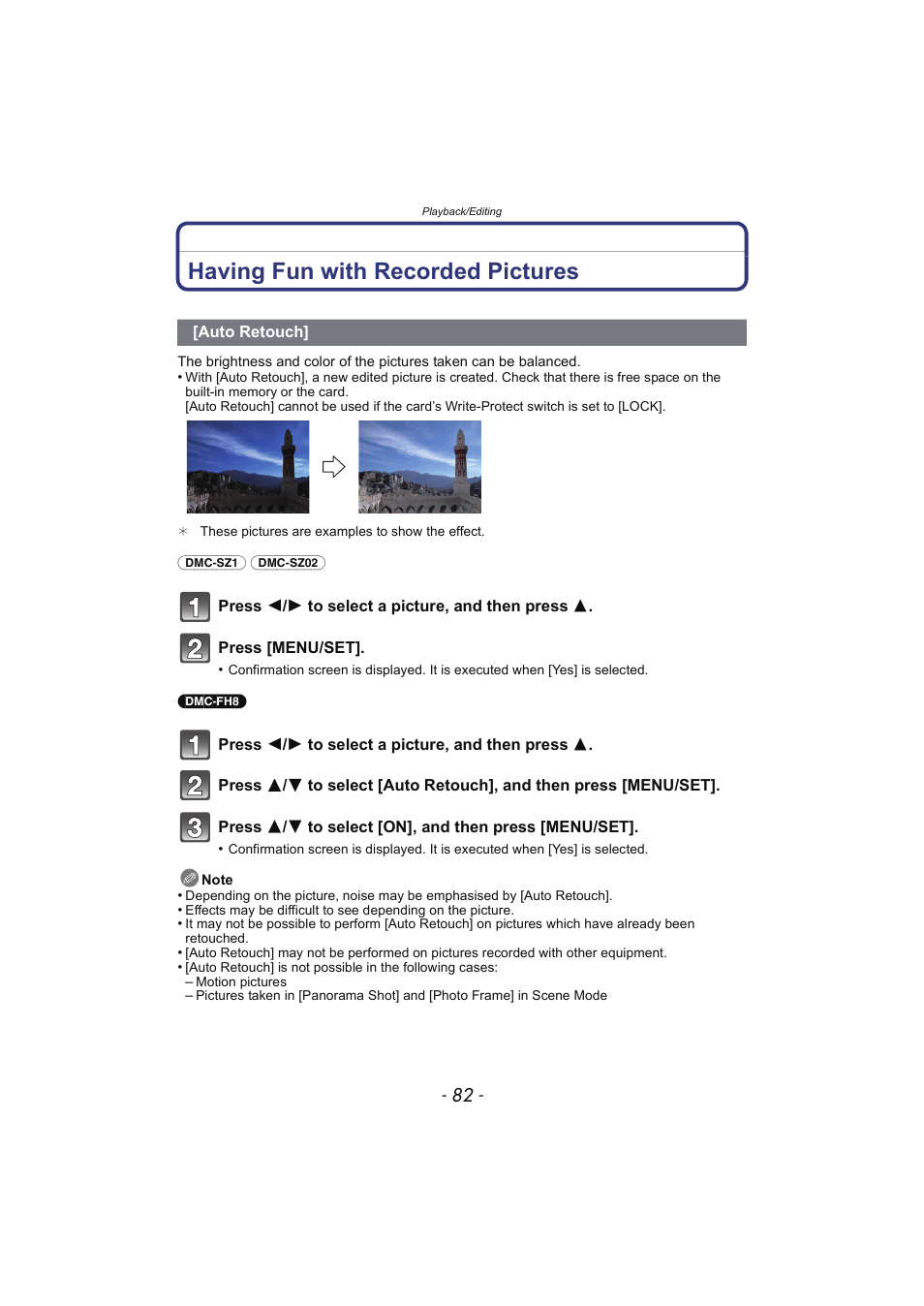 Having fun with recorded pictures, Auto retouch | Panasonic DMC-SZ02 User Manual | Page 82 / 128