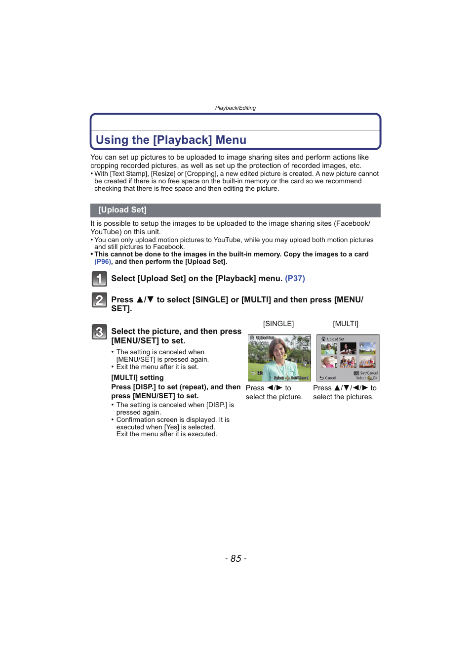 Using the [playback] menu, Upload set | Panasonic DMC-SZ02 User Manual | Page 85 / 128