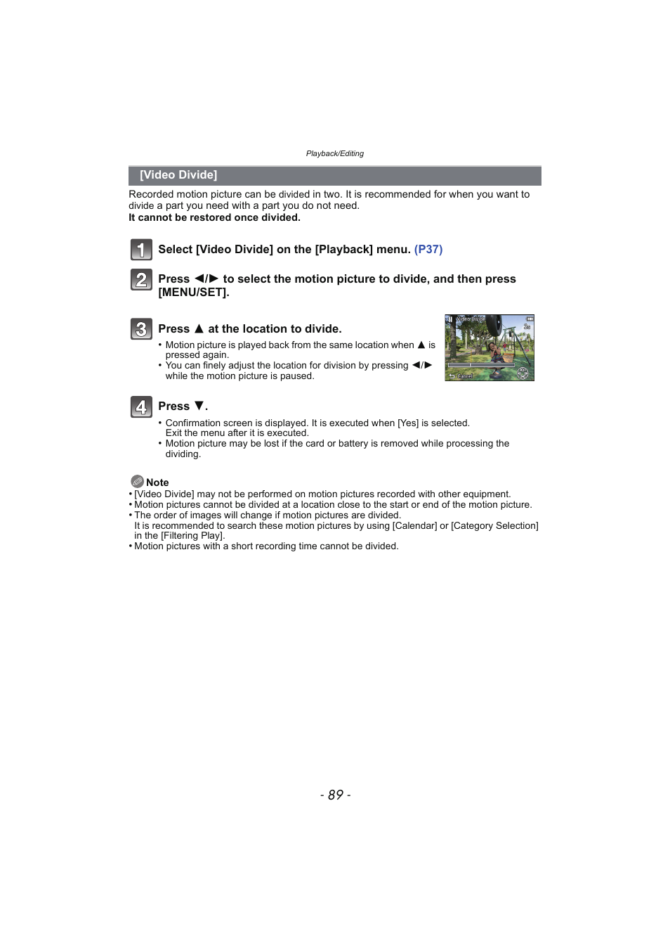 Video divide | Panasonic DMC-SZ02 User Manual | Page 89 / 128
