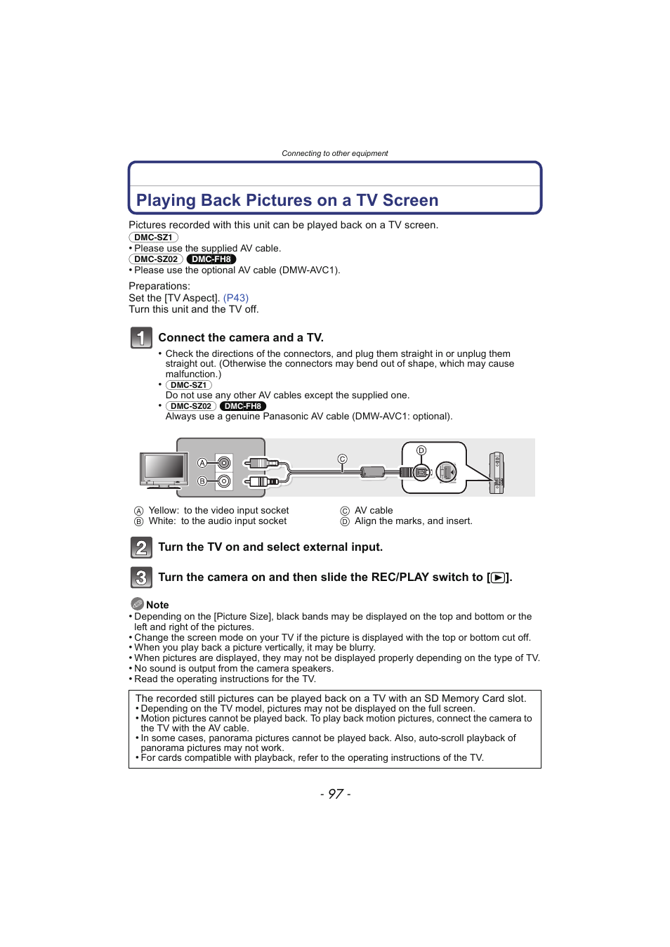 Connecting to other equipment, Playing back pictures on a tv screen | Panasonic DMC-SZ02 User Manual | Page 97 / 128