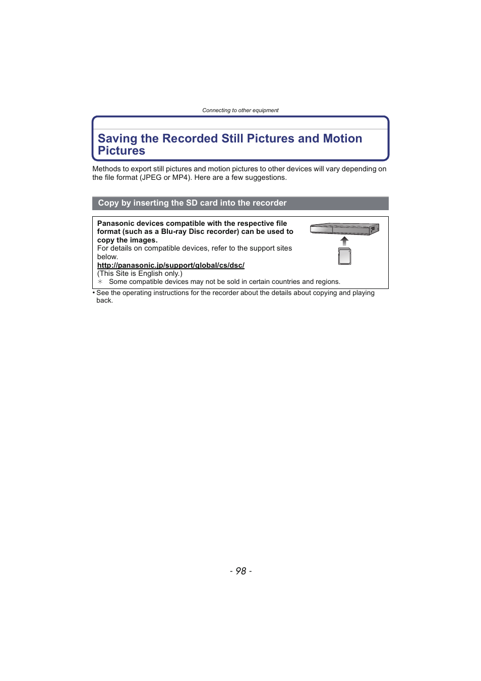 Copy by inserting the sd card into the recorder, Copy by inserting the sd card into, The recorder | Panasonic DMC-SZ02 User Manual | Page 98 / 128