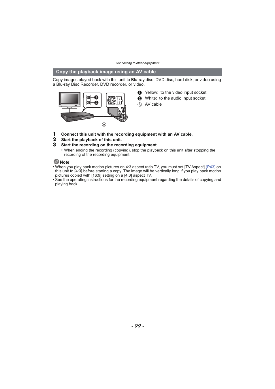 Copy the playback image using an av cable, Copy the playback image using, An av cable | Panasonic DMC-SZ02 User Manual | Page 99 / 128